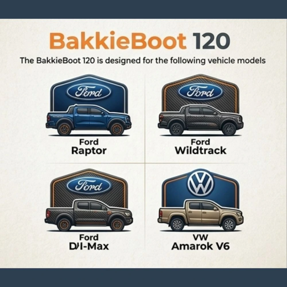 BakkieBoot 120 vehicle compatibility chart showing custom fit for Ford Ranger Raptor, Ford Wildtrak, and Volkswagen Amarok V6 load beds.