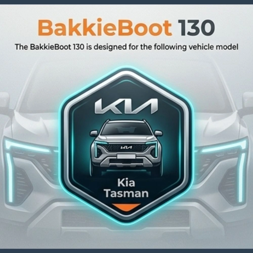 BakkieBoot 130 model compatibility graphic for the new Kia Tasman pickup truck load bed organization system.